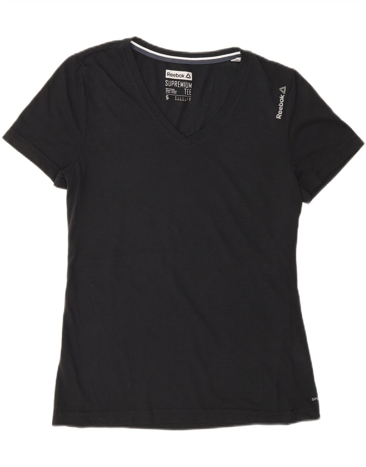 REEBOK Womens T-Shirt Top UK 8/10 Small Black Polyester Vintage Reebok and Second-Hand Reebok from Messina Hembry 