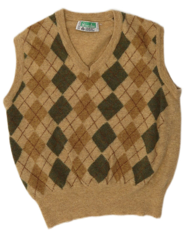 Benetton Womens Crop Vest Tank Top UK 14 Medium Beige Argyle/Diamond Wool