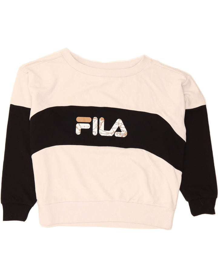 FILA Womens Oversized Sweatshirt Jumper UK 14 Medium White Colourblock Vintage Fila and Second-Hand Fila from Messina Hembry 
