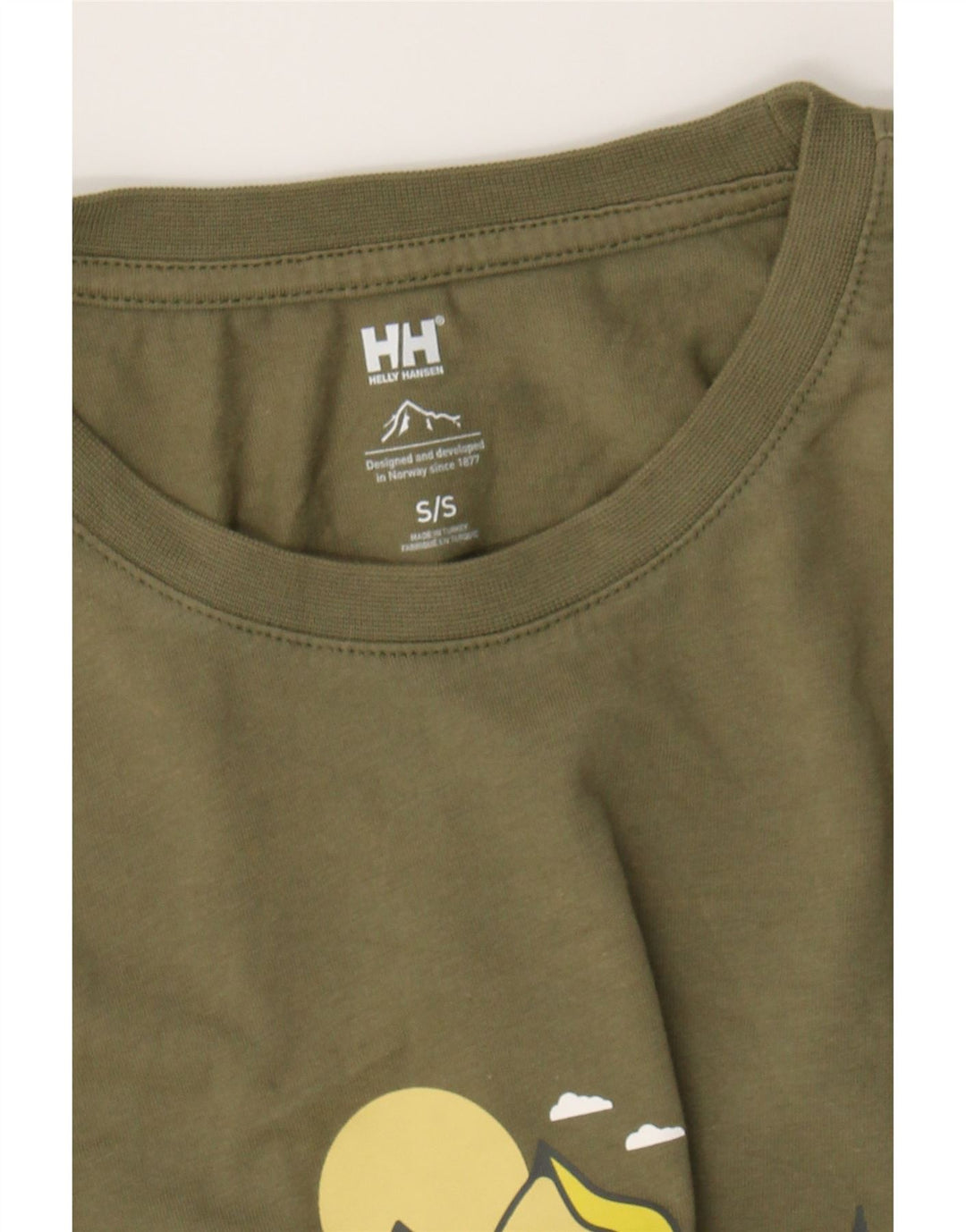 HELLY HANSEN Mens Graphic T-Shirt Top Small Khaki Cotton Vintage Helly Hansen and Second-Hand Helly Hansen from Messina Hembry 