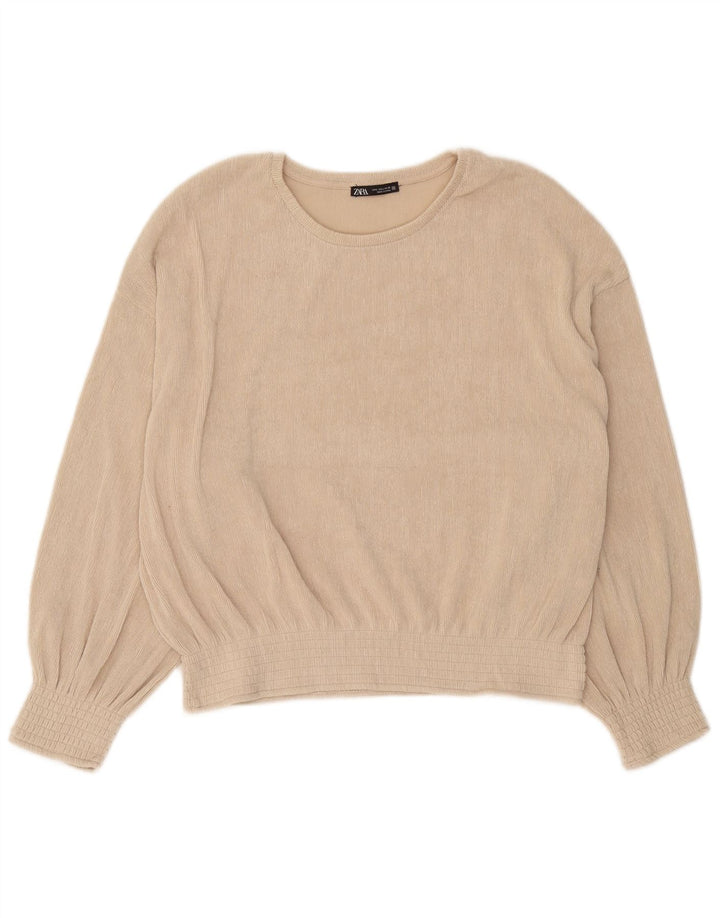 Zara Womens Long Sleeve Oversized Blouse Top UK 16 Large Beige Polyester