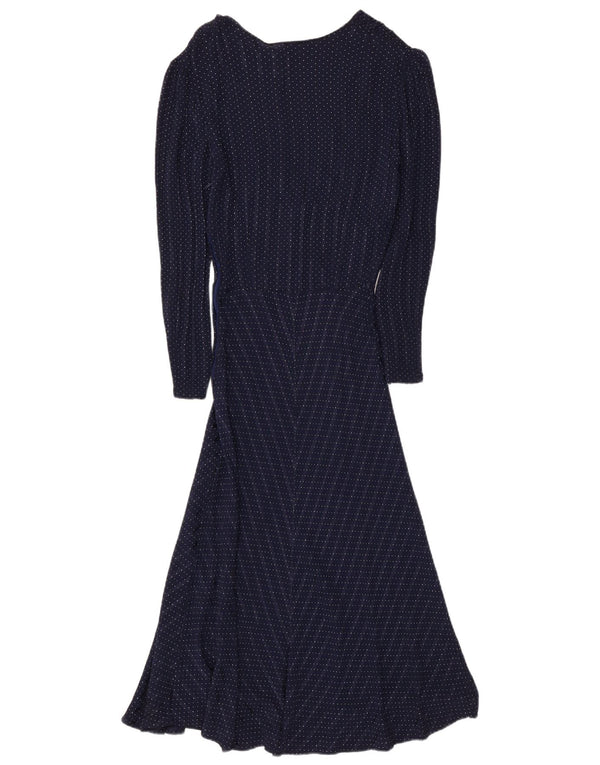 Vintage Womens Long Sleeve Maxi Dress UK 8 Small Navy Blue Spotted