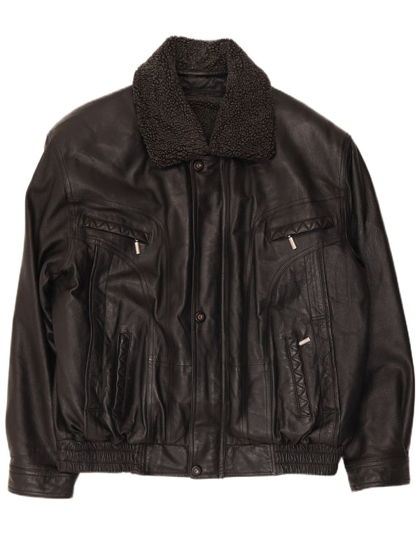 Vintage Ανδρικό Faux Leather Bomber Jacket UK 40 Large Black Polyester