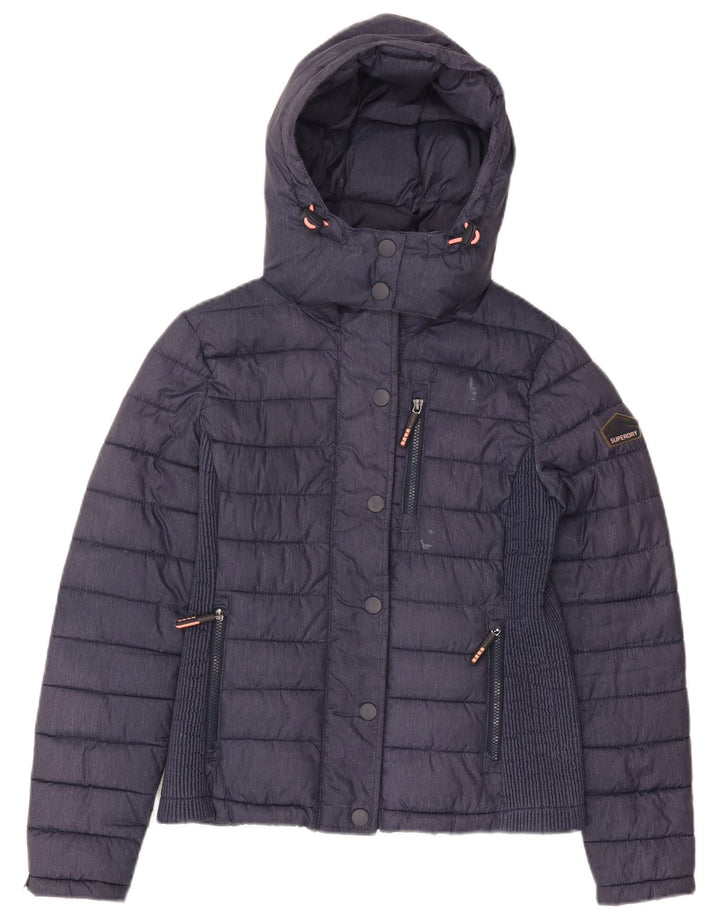 Superdry Womens Hooded Padded Jacket UK 14 Large Navy Blue Polyester