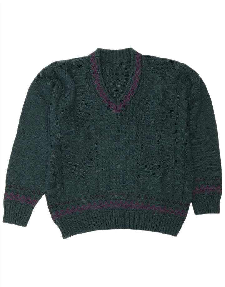 Vintage Mens V-Neck Jumper Sweater IT 50 Medium Green Wool