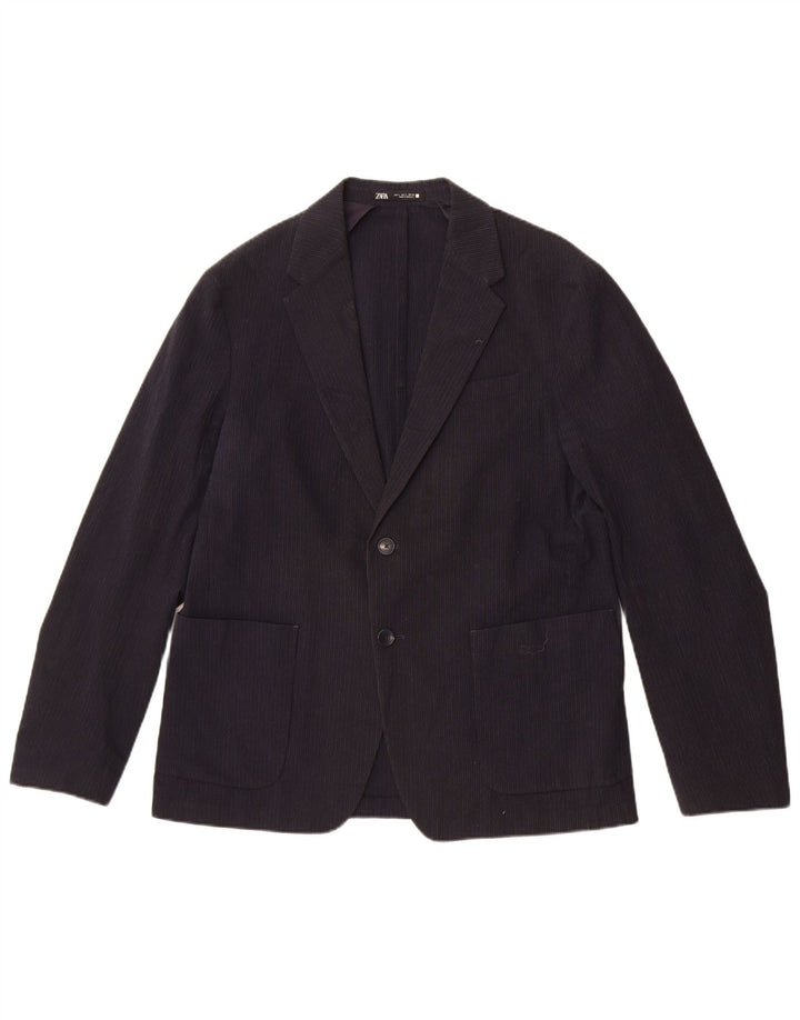 Zara Mens 2 Button Blazer Jacket UK 40 Large Navy Blue Pinstripe