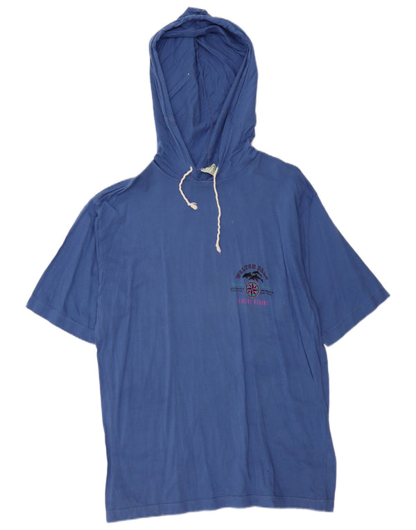 Vintage Dame Hooded Grafisk T-Shirt Top UK 16 Large Blue