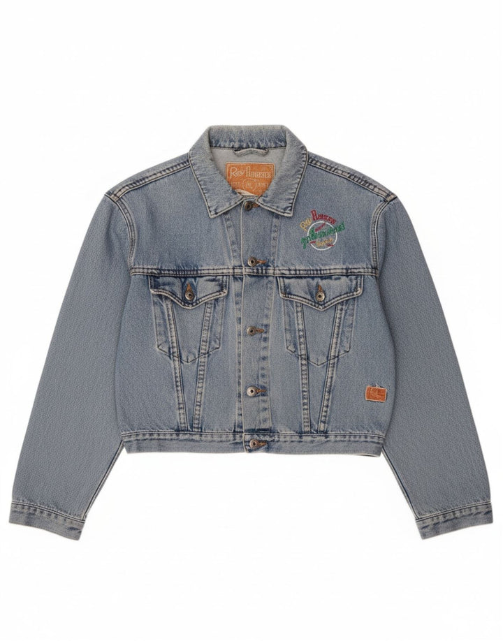 ROY ROGERS Womens Oversized Graphic Crop Denim Jacket UK 14 Medium Blue