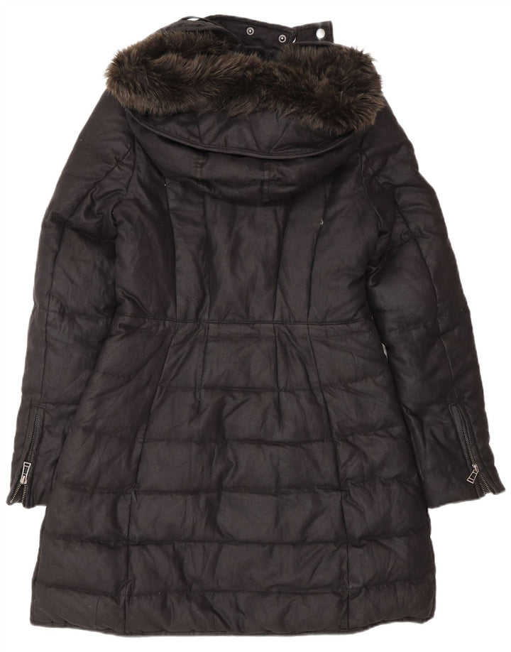 Zara Dame Hætte Polstret Frakke UK 12 Medium Sort Polyester Vinter