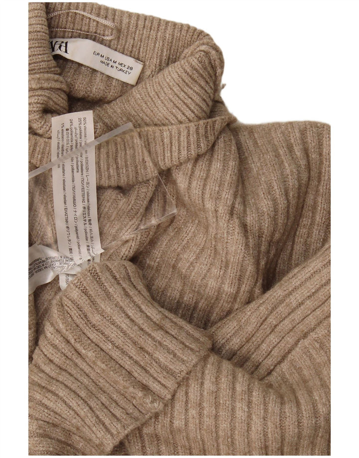 Zara Womens Crop Oversized Turtle Neck Jumper Sweater UK 14 Medium Beige