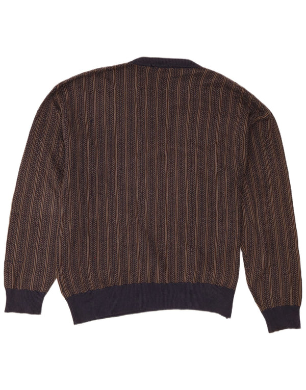 Nautica Mens V-Neck Jumper Sweater Large Brown Striped Cotton