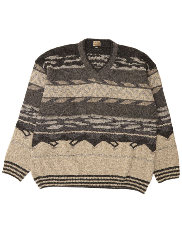 COMPASS CARD Mens V-Neck Jumper Sweater IT 52 Large Grey Geometric