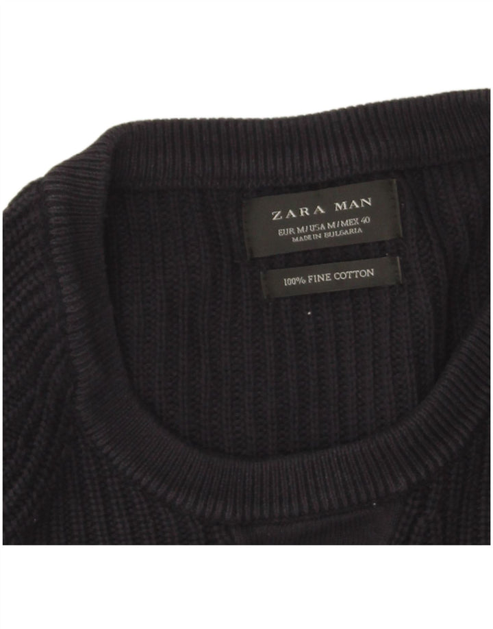 Zara Mens Crew Neck Jumper Sweater Medium Navy Blue Cotton