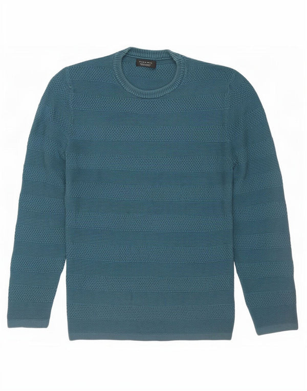 Zara Mens Crew Neck Jumper Sweater Medium Blue Striped Cotton
