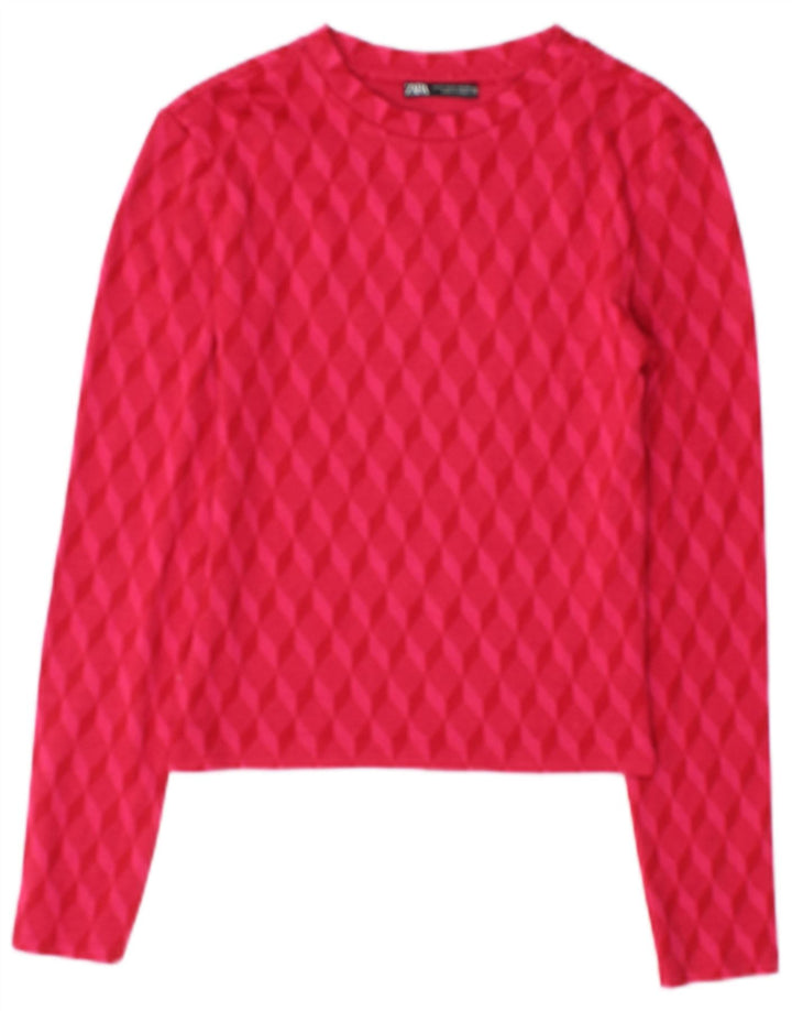 Zara Womens Crop Top Long Sleeve UK 10 Small Pink Geometric Polyester