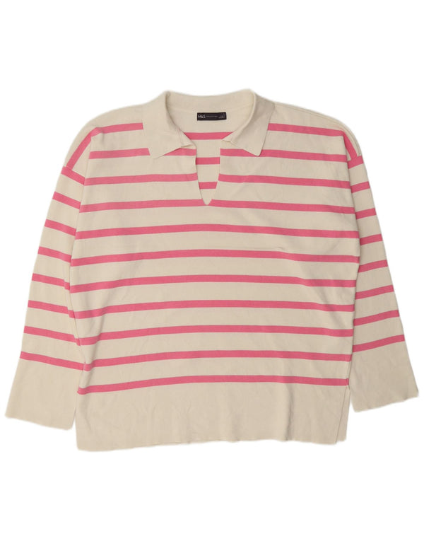 Marks & Spencer Dame Polo Neck Jumper Sweater UK 14 Stor hvid stribet