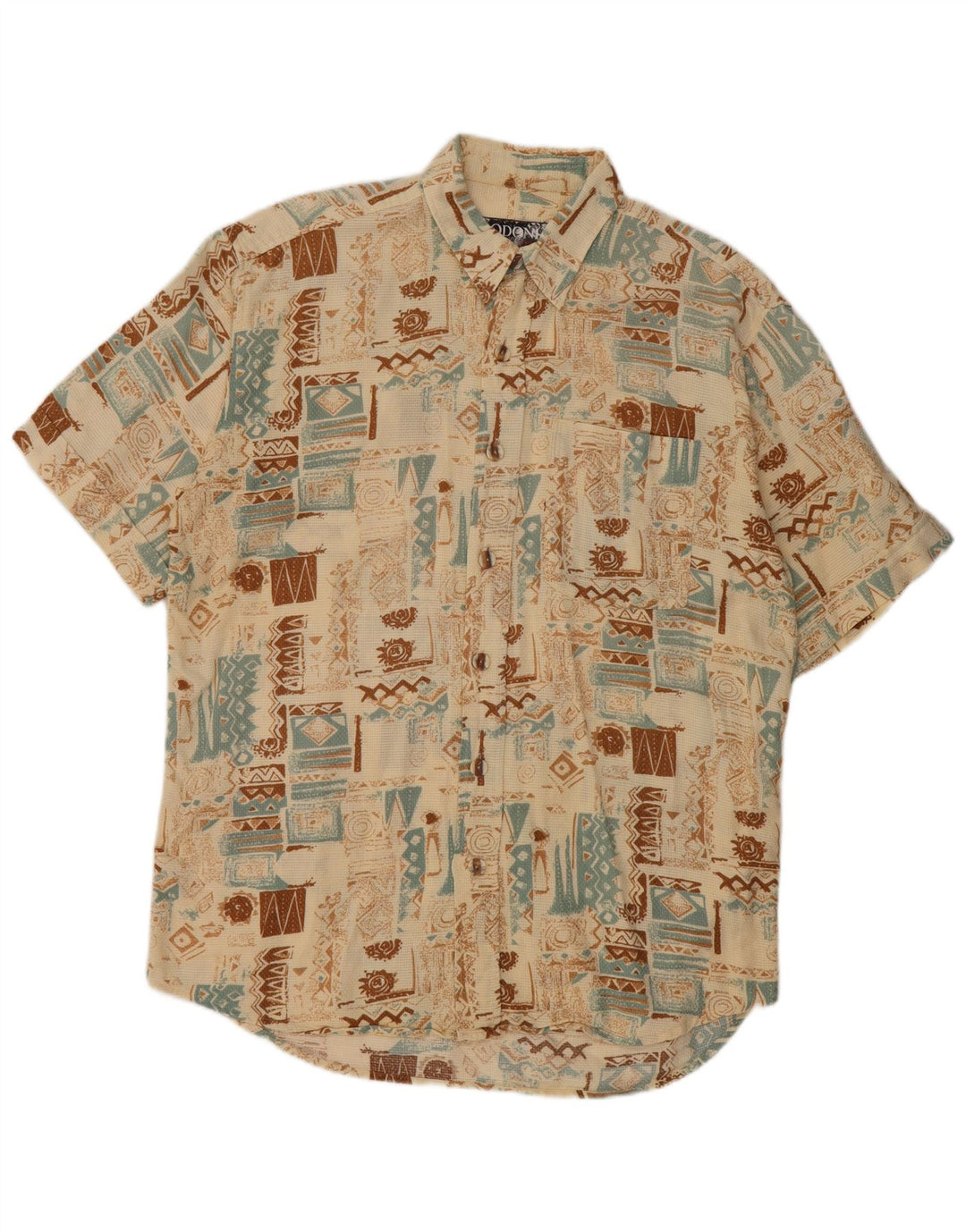 BODONI Mens Short Sleeve Shirt Size 39/40 Medium Beige Patchwork Cotton