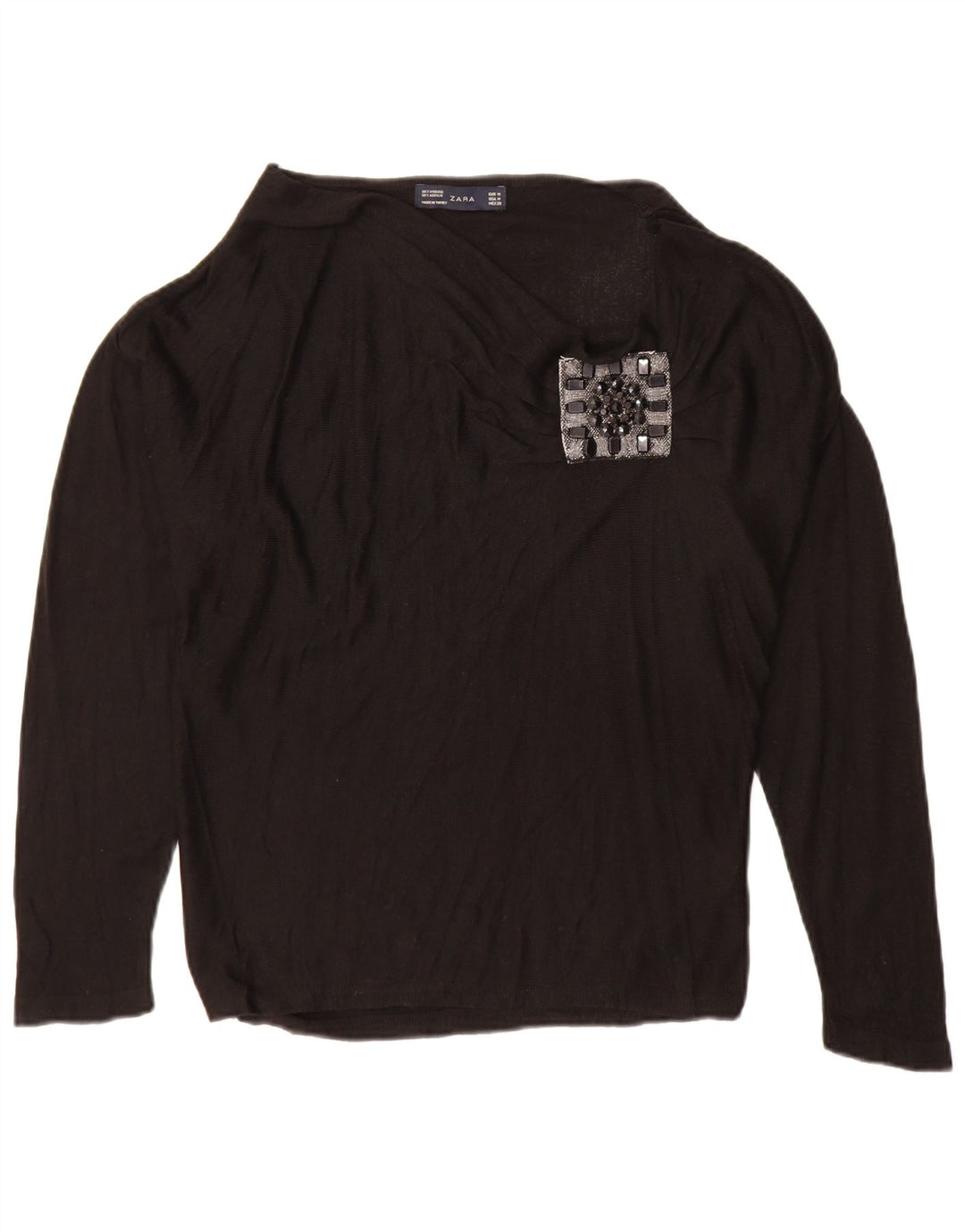 Zara Damen Top Langarm UK 14 Medium Schwarz Viskose