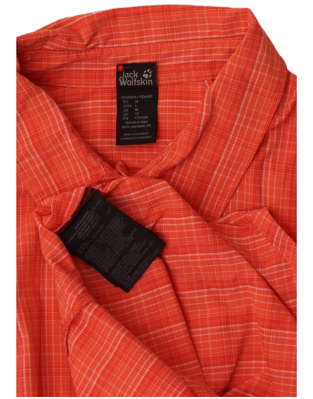 Jack Wolfskin Womens Short Sleeve Shirt UK 12 Medium Orange Check Polyamide