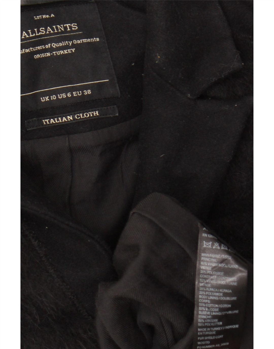 All Saints Dame Overfrakke UK 10 Lille Sort Stribet Virgin Wool