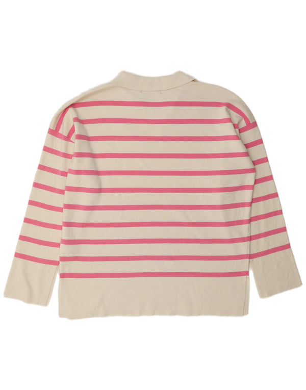 Marks & Spencer Dame Polo Neck Jumper Sweater UK 14 Stor hvid stribet