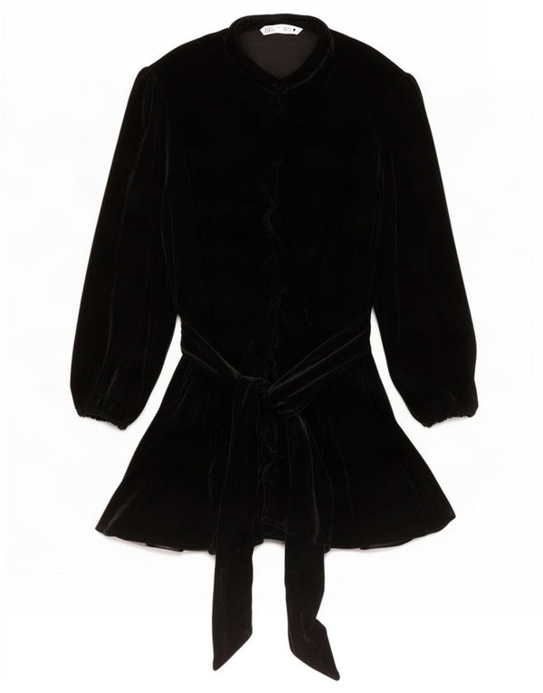 Abito chemisier in velluto a maniche lunghe da donna Zara UK 14 grande poliestere nero