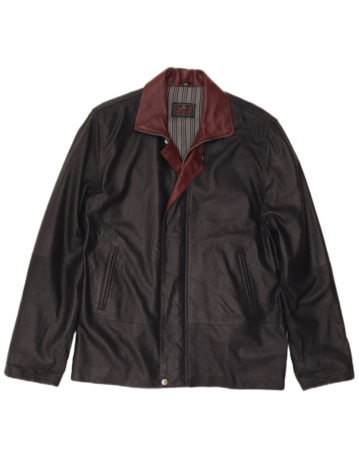 Mondial Mens Leather Jacket IT 48 Small Black Colourblock Leather