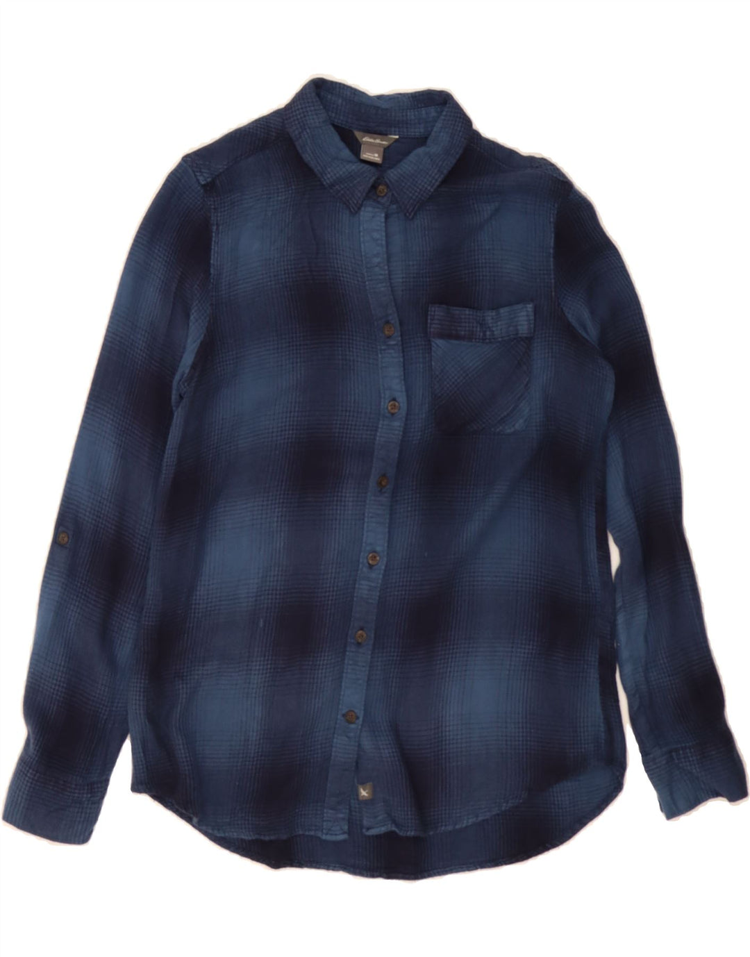 EDDIE BAUER Womens Flannel Shirt UK 12 Medium Navy Blue Check Rayon Vintage Eddie Bauer and Second-Hand Eddie Bauer from Messina Hembry 