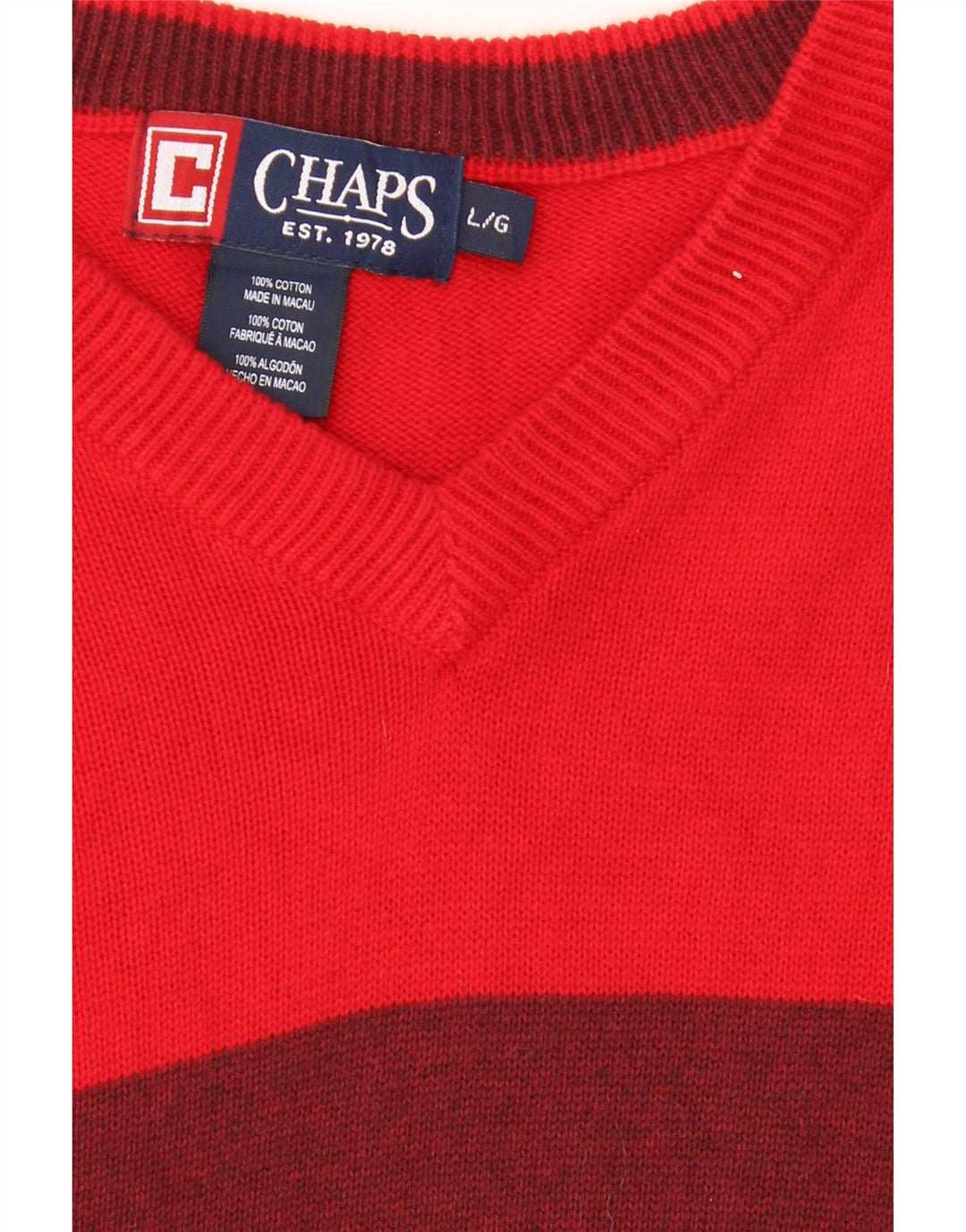 CHAPS Mens V-Neck Jumper Sweater Large Red Colourblock Cotton Vintage Chaps and Second-Hand Chaps from Messina Hembry 