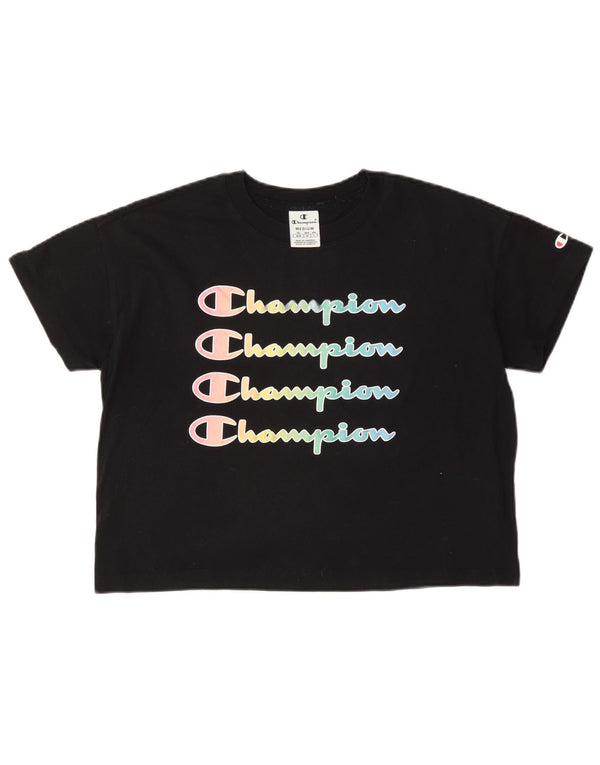 Champion Γυναικείο Crop Graphic T-Shirt Top UK 14 Medium Navy Blue Cotton