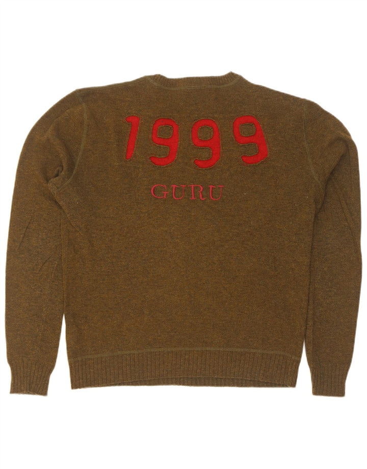 Guru Herre Grafisk Crew Neck Jumper Sweater Medium Khaki Wool
