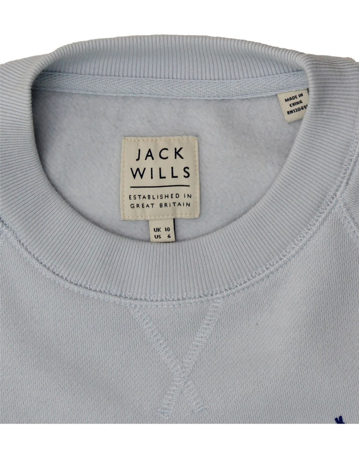 JACK WILLS Womens Graphic Sweatshirt Jumper UK 10 Small Blue Vintage Jack Wills and Second-Hand Jack Wills from Messina Hembry 
