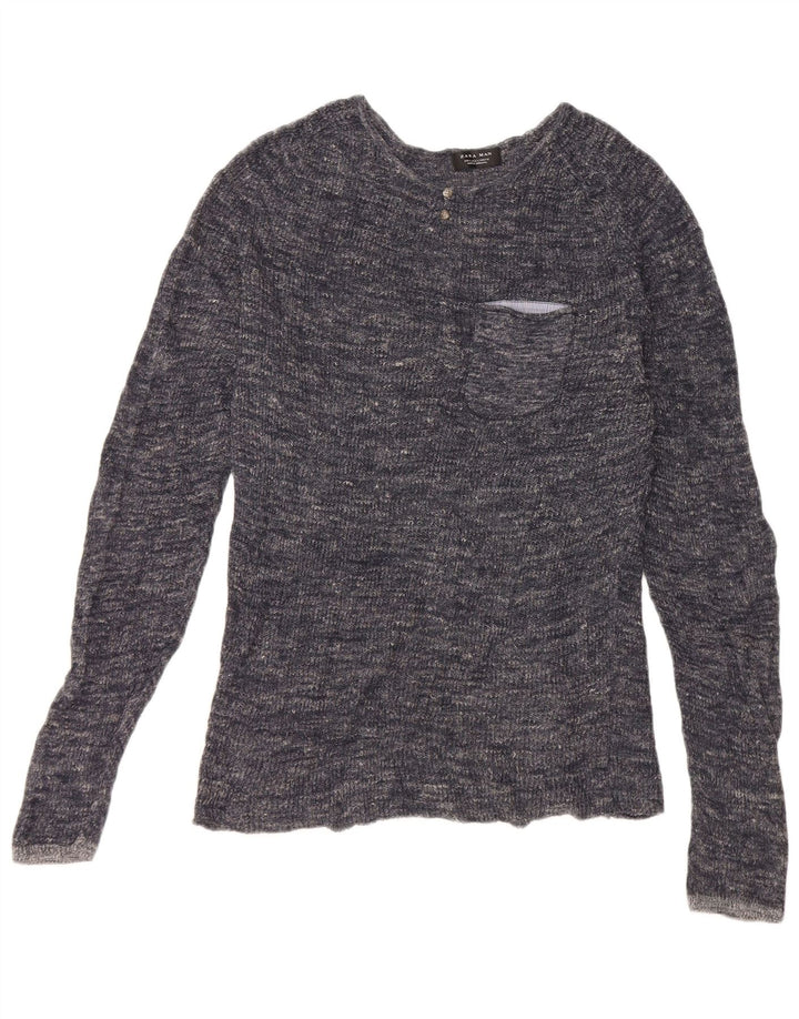 Zara Mens Crew Neck Jumper Sweater Large Navy Blue Flecked