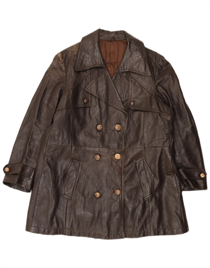 Cappotto in pelle doppiopetto vintage da donna UK 16 grande marrone