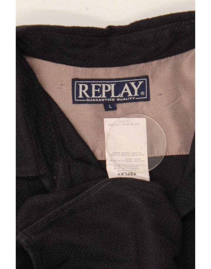 Replay Mens Shirt Large Navy Blue Chevron Viscose
