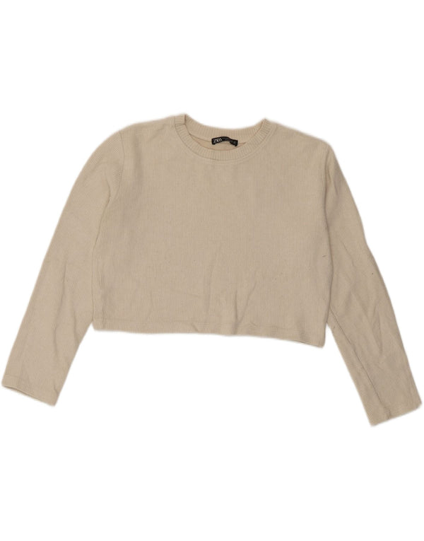 Zara Damen Crop Oversized Top Langarm UK 10 Small Beige Baumwolle
