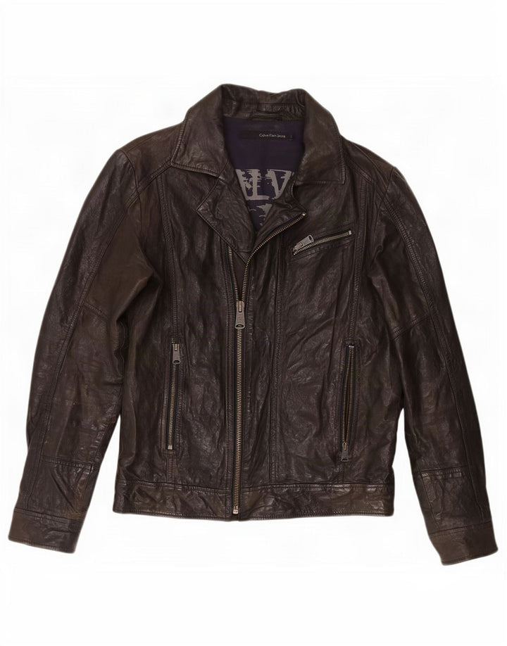 Giacca da motociclista in pelle da uomo Calvin Klein Jeans UK 40 grande nera