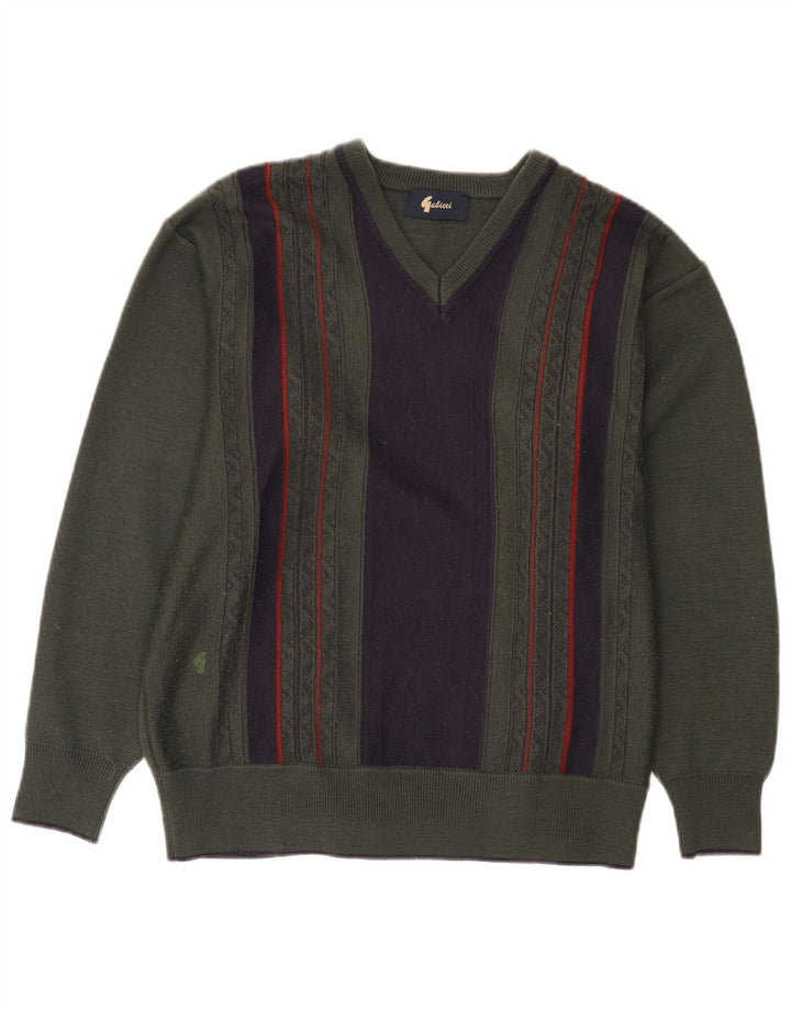 Gabicci Mens V-Neck Jumper Sweater Medium Khaki Colourblock Wool
