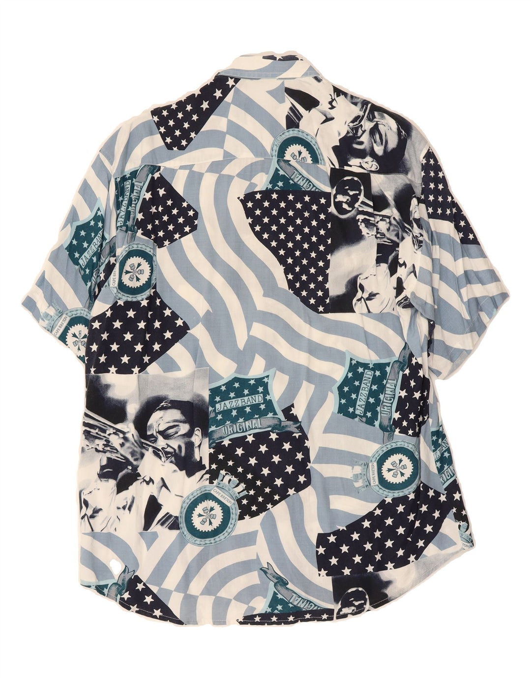HUNTER Mens Graphic Short Sleeve Shirt Large Blue Patchwork Rayon Vintage Hunter and Second-Hand Hunter from Messina Hembry 