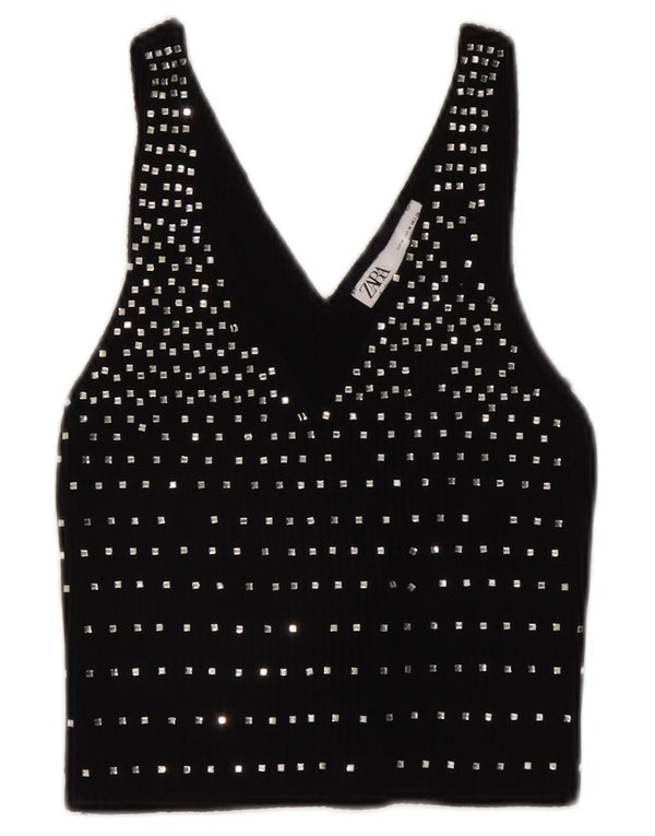 Zara Top corto sin mangas para mujer UK 42 Medium Black Spotted