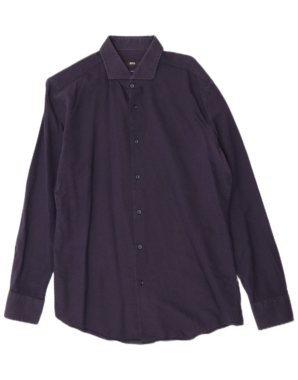 Hugo Boss Mens Slim Fit Shirt Size 41/17 Large Navy Blue Geometric Cotton