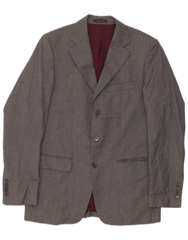 Zara Mens 3 Button Blazer Jacket EU 50 Medium Grey Striped Wool