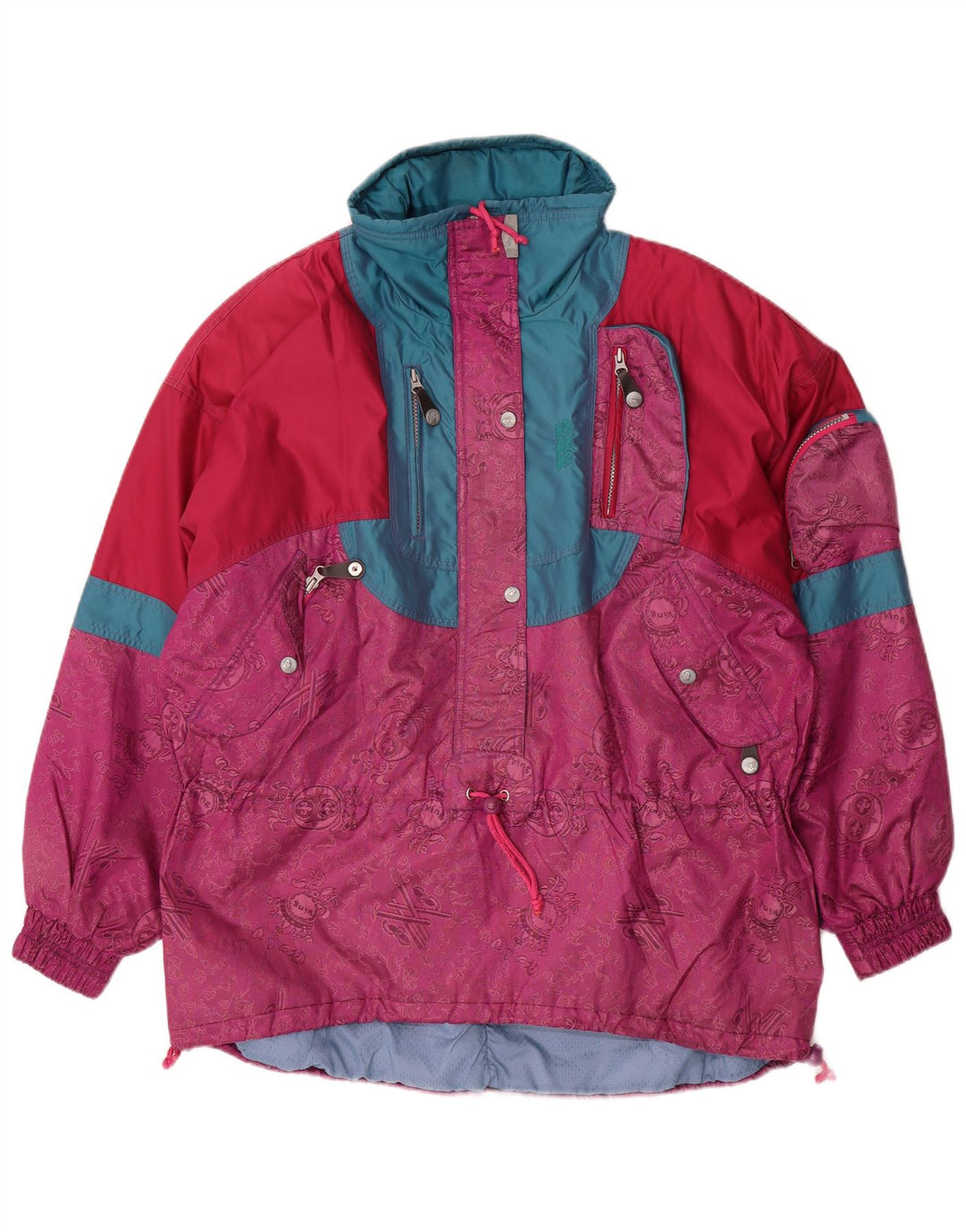Vintage Womens Pullover Oversized Ski Jacket UK 16 Large Pink Colourblock