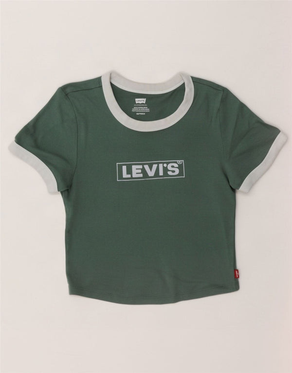 Levi's Womens Crop Graphic T-Shirt Top UK 6 XS Green Colourblock Cotton