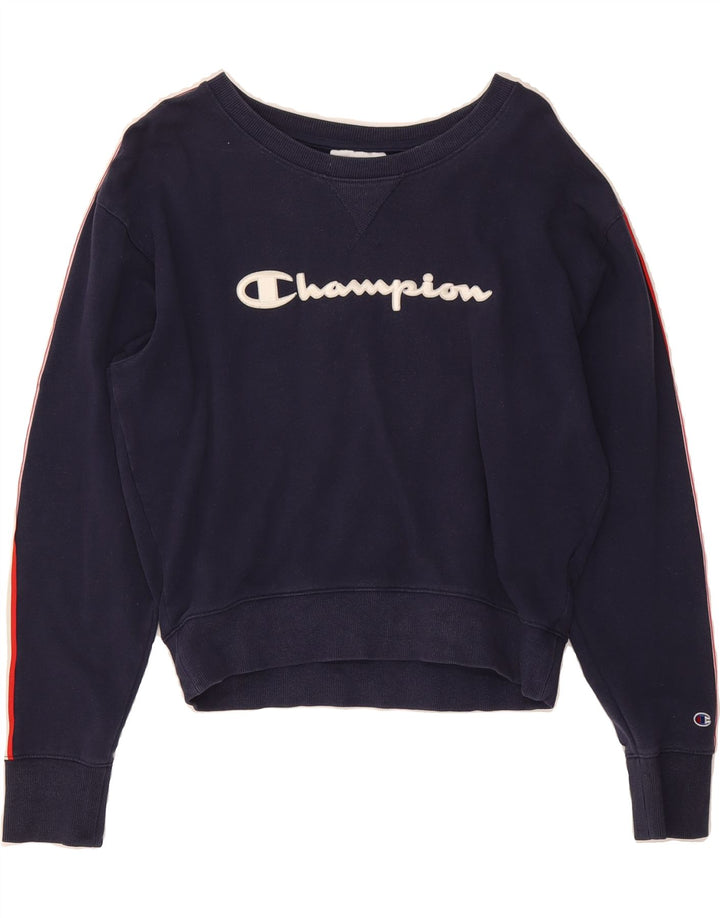 CHAMPION Womens Crop Oversized Sweatshirt Jumper UK 10 Small Navy Blue Vintage Champion and Second-Hand Champion from Messina Hembry 