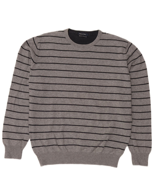 Massimo Dutti Mens Crew Neck Jumper Sweater Large Grey Striped Cotton