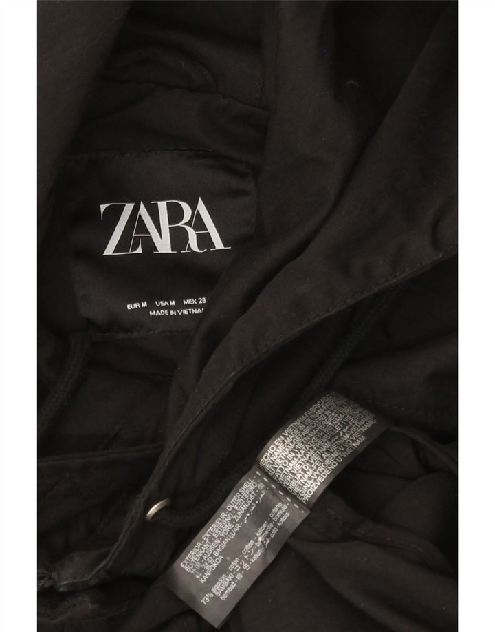 Zara Dame Hætte Oversized Windbreaker Jacket UK 14 Medium Sort Bomuld