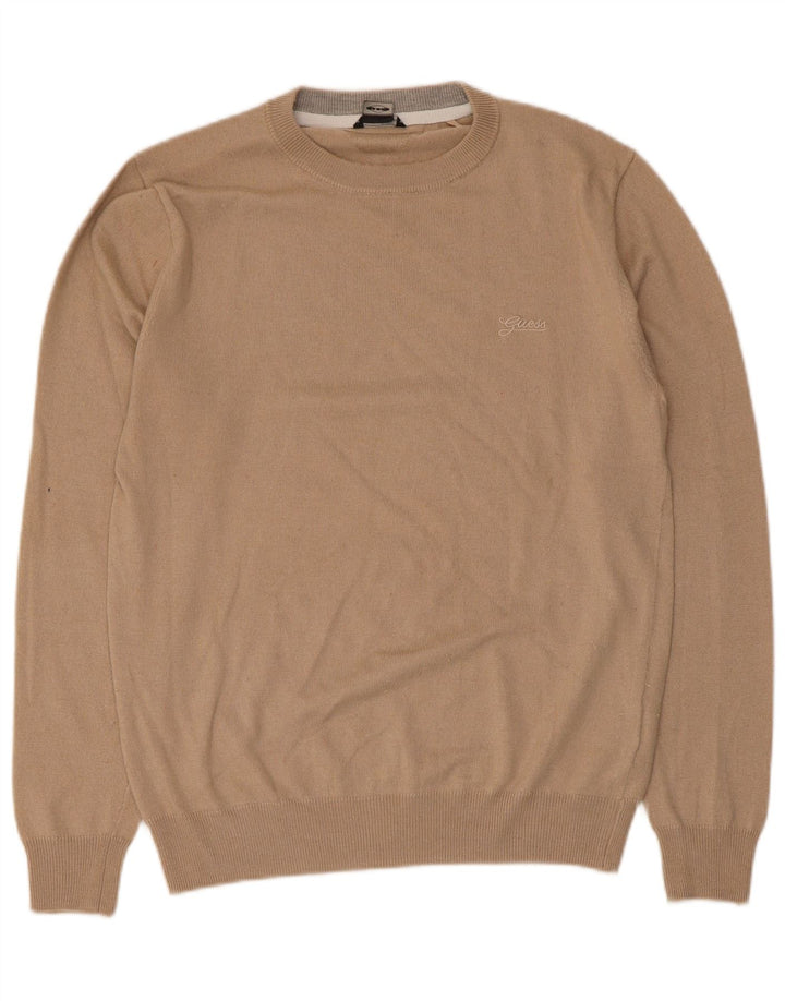 Guess Mens Crew Neck Jumper Sweater Medium Beige Polyamide