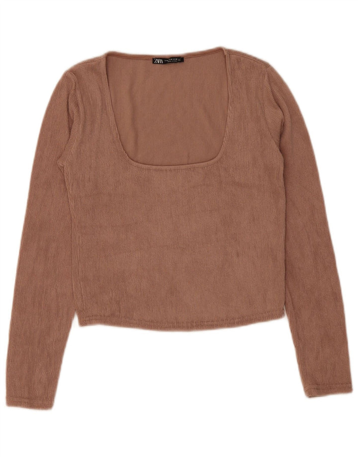Zara Femme Crop Top Manches Longues UK 12 Marron Moyen Polyester