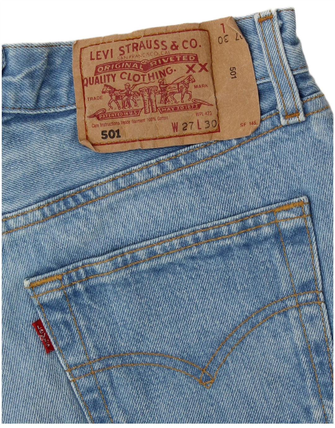 LEVI'S Womens 501 Denim Shorts W27 Small Blue Striped Classic
